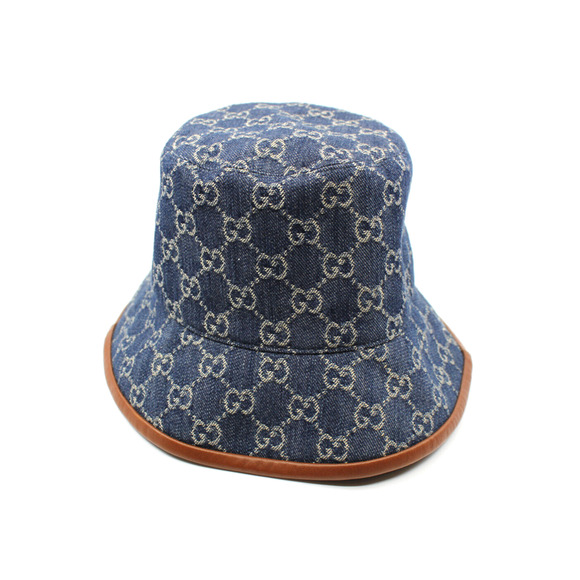 F0 Auth GUCCI Navy Denim Leather Brim LOGO Bucket Hat 576371 $580 Size S - Picture 2 of 5